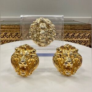 VTG Lion’s Head Lot - Gold-Toned Jeri Lou Lion Scarf Clip, Roaring Lion Clip-Ons